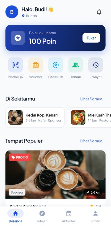 Beranda aplikasi LOKU: poin, menu cepat, dan tempat di sekitar pengguna