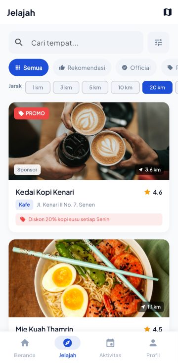 Layar Jelajah di aplikasi LOKU: daftar kafe dan restoran terdekat dengan pilihan jarak dan label promo