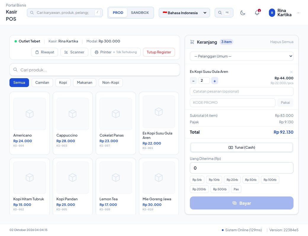 Layar kasir dengan keranjang dan total termasuk PPN
